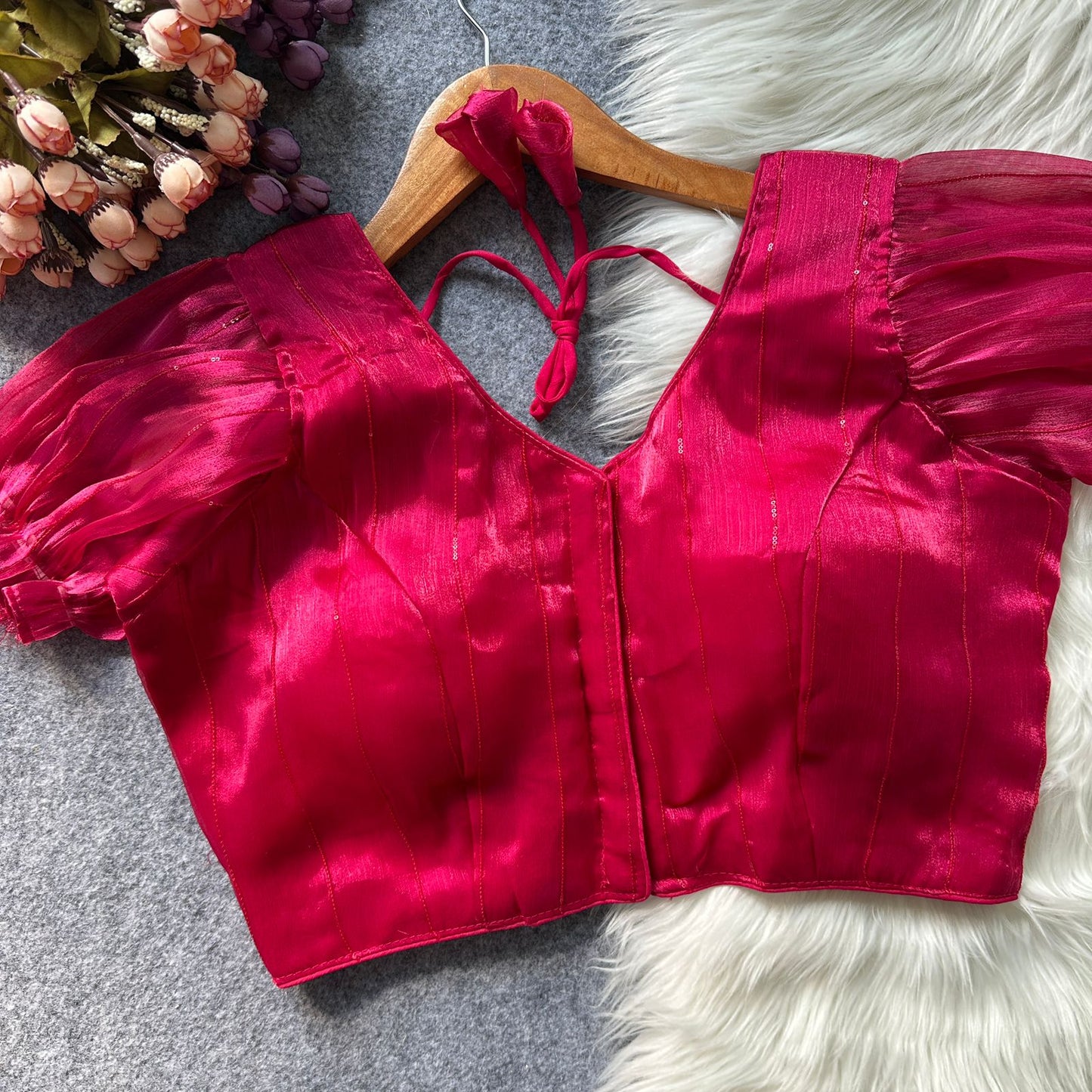 Two tone zimi chu slub shining material with sequins work ready made blouse