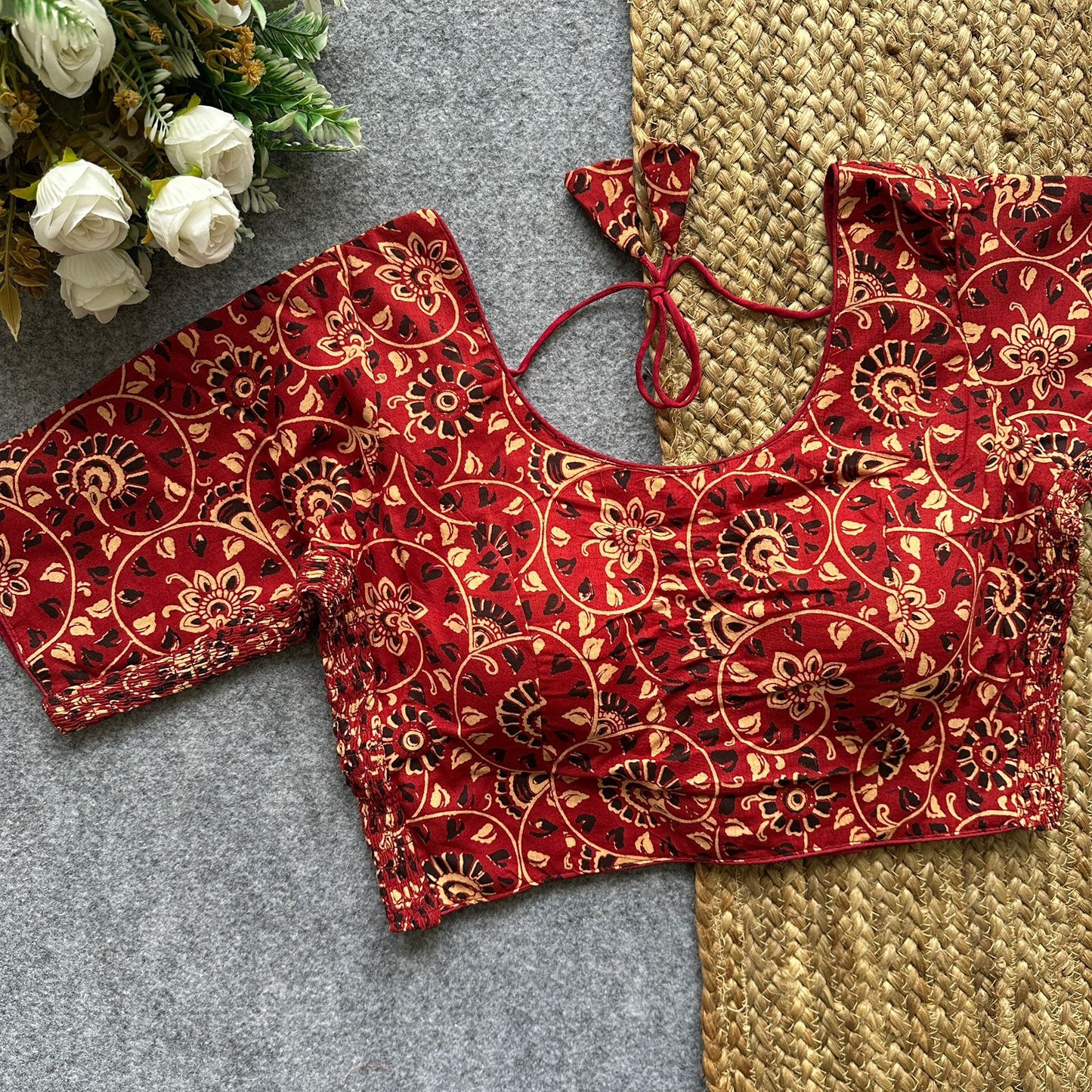 Beautiful hand block print with side elastic ready made blouse