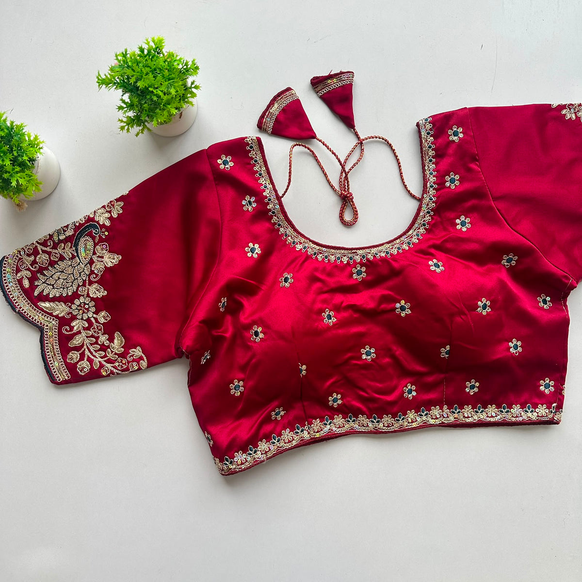 Heavy pure satin silk embroidery work ready made blouse