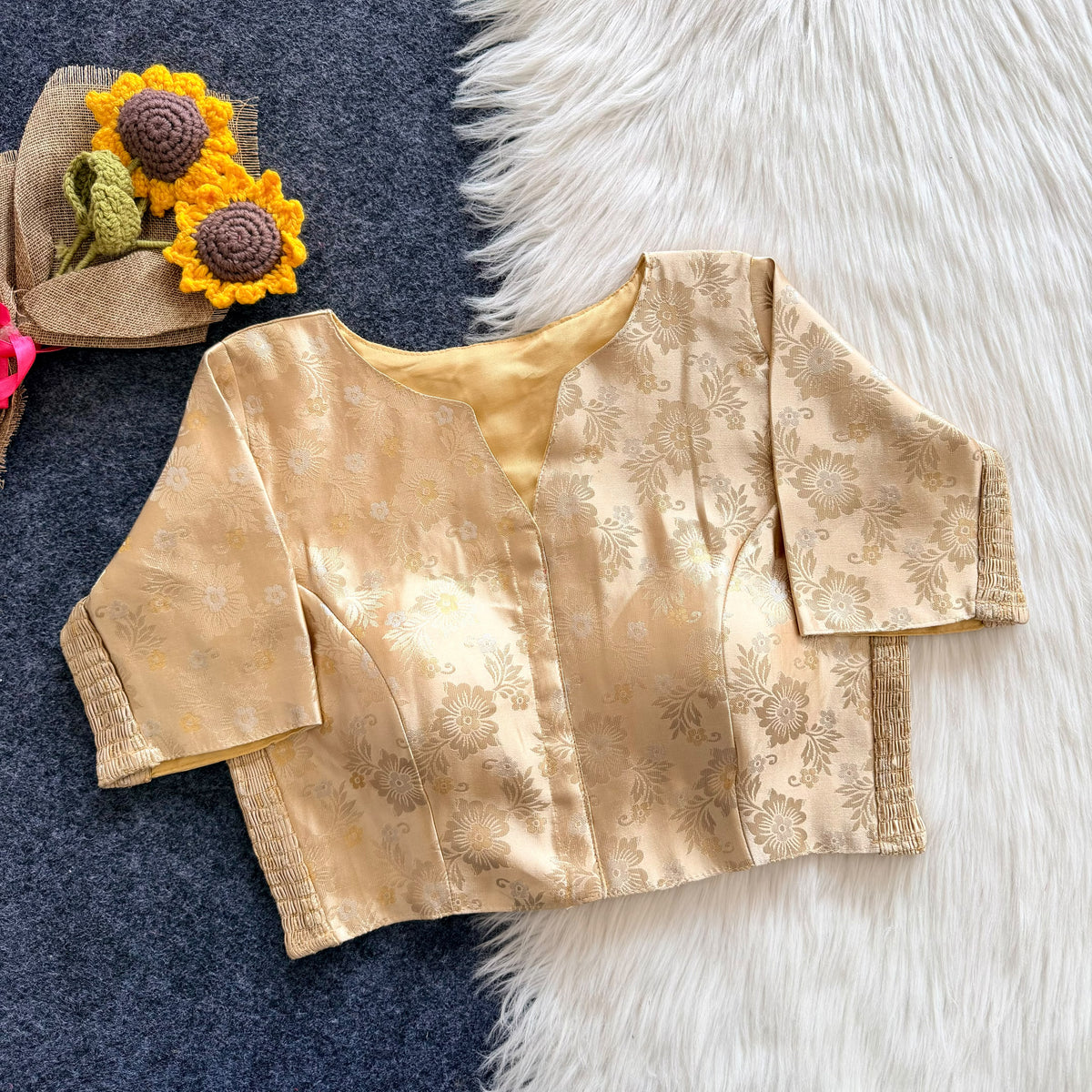 A beauty of weaving work all over with stretchable technology inside ready made blouse