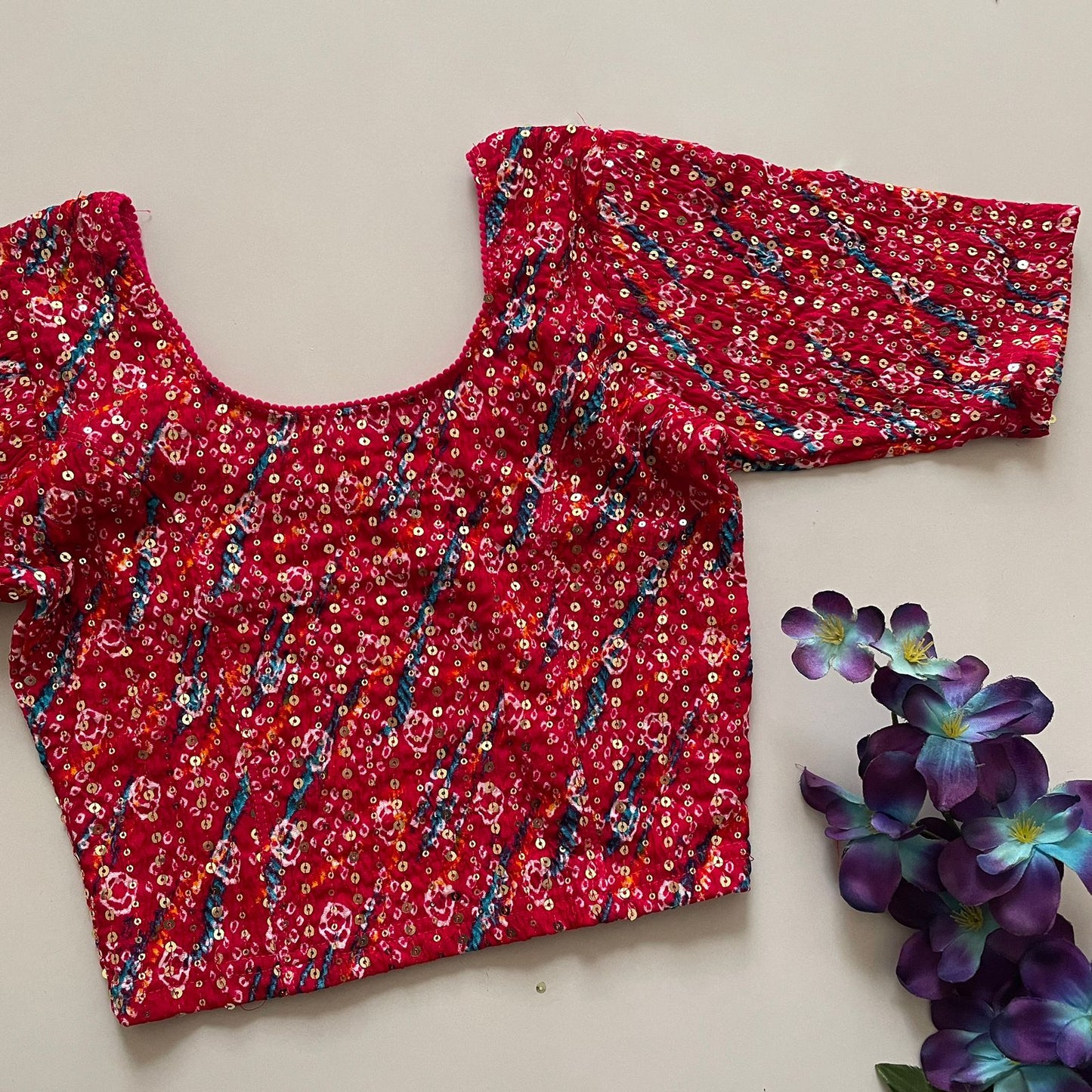 Stretchable crush with foil print ready made blouse