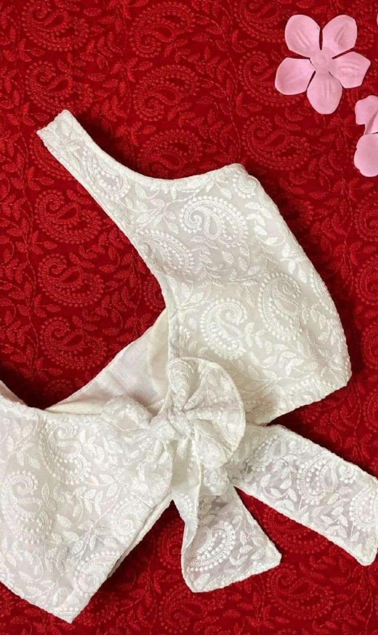 Chikonkari front square neck and back bow ready made blouse