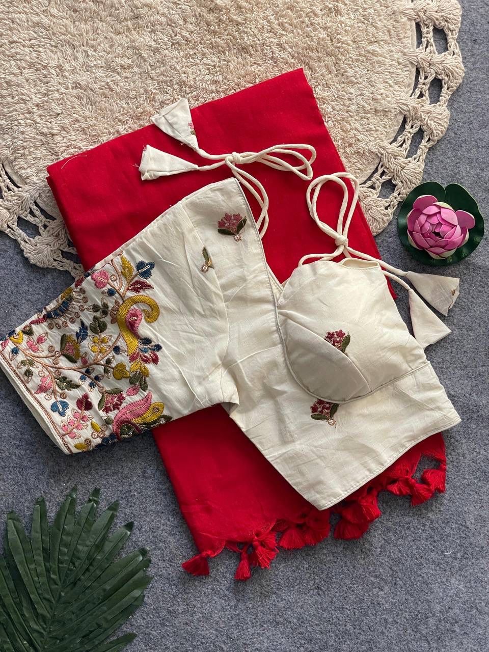 Cotton saree with heavy embroidery work ready made blouse