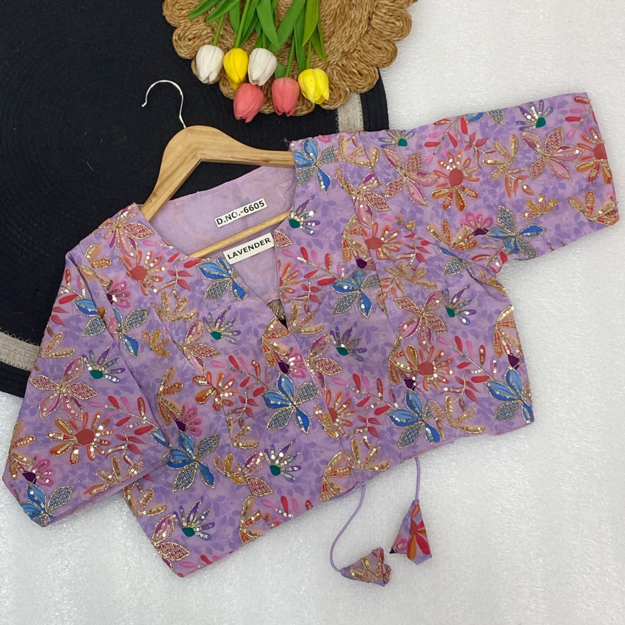 Pojisan print embroidery ready made blouse