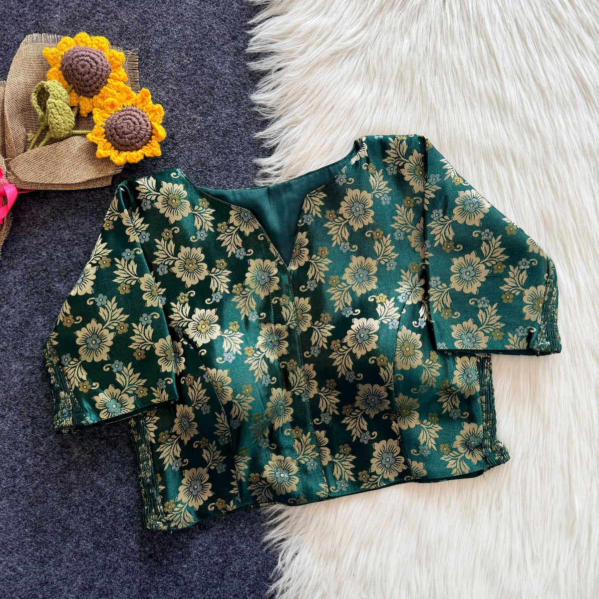 A beauty of weaving work all over with stretchable technology inside ready made blouse