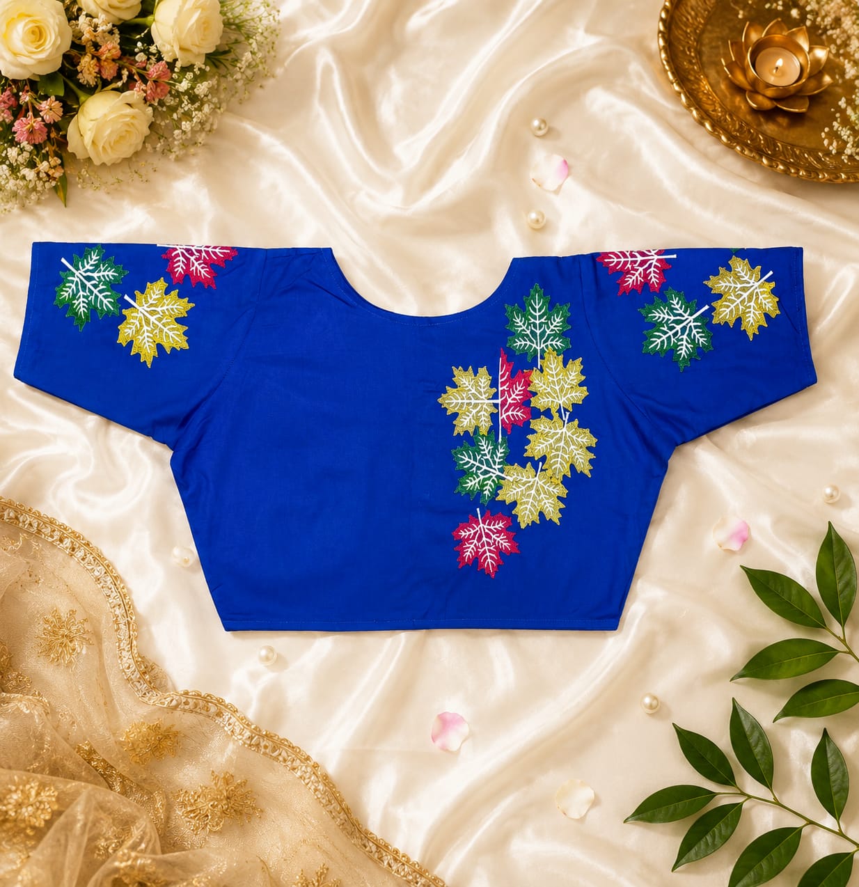 Leaf embroidery ready made blouse