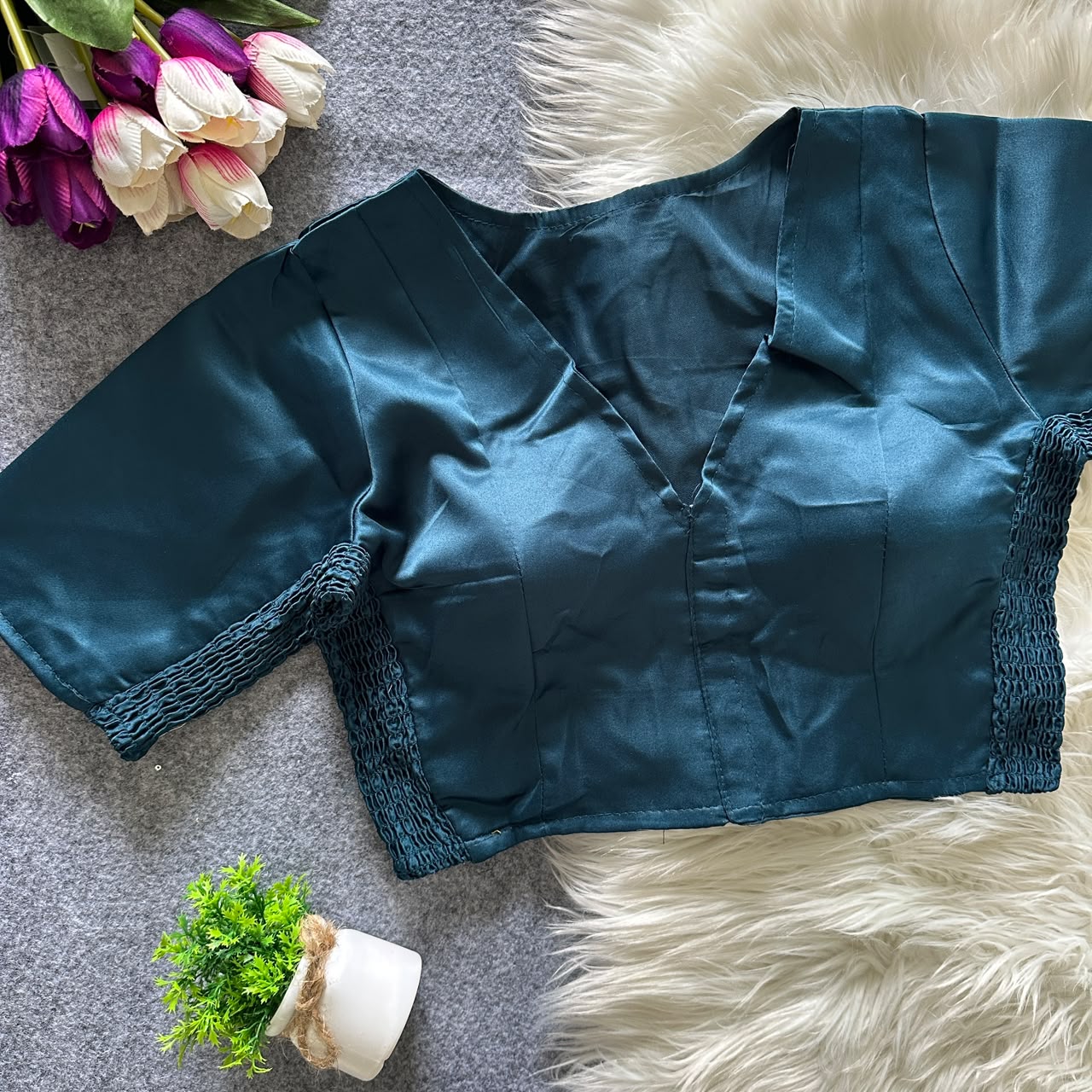 Soft silk fabric with elastic attach for better fitting ready made blouse