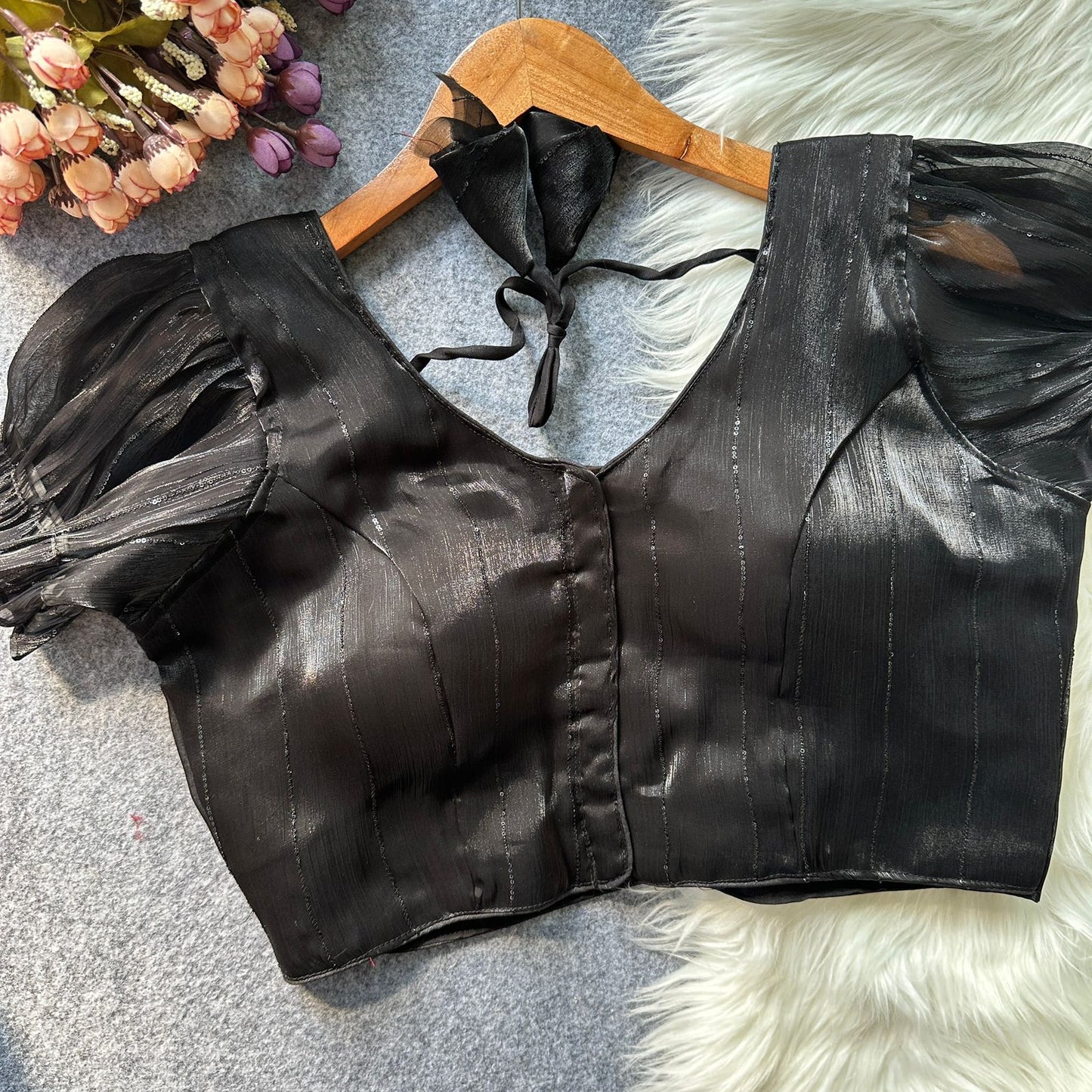 Two tone zimi chu slub shining material with sequins work ready made blouse
