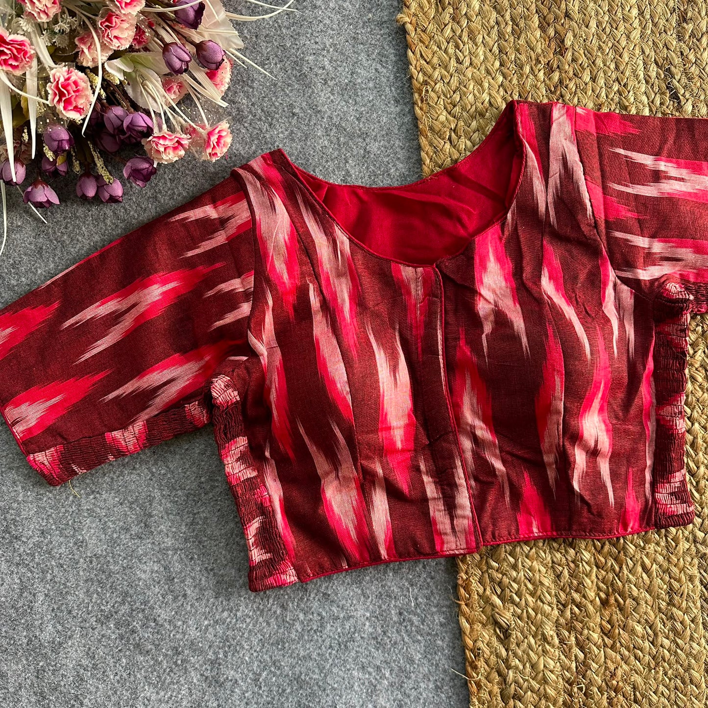 Beautiful hand IKKAT COTTON with side elastic ready made blouse