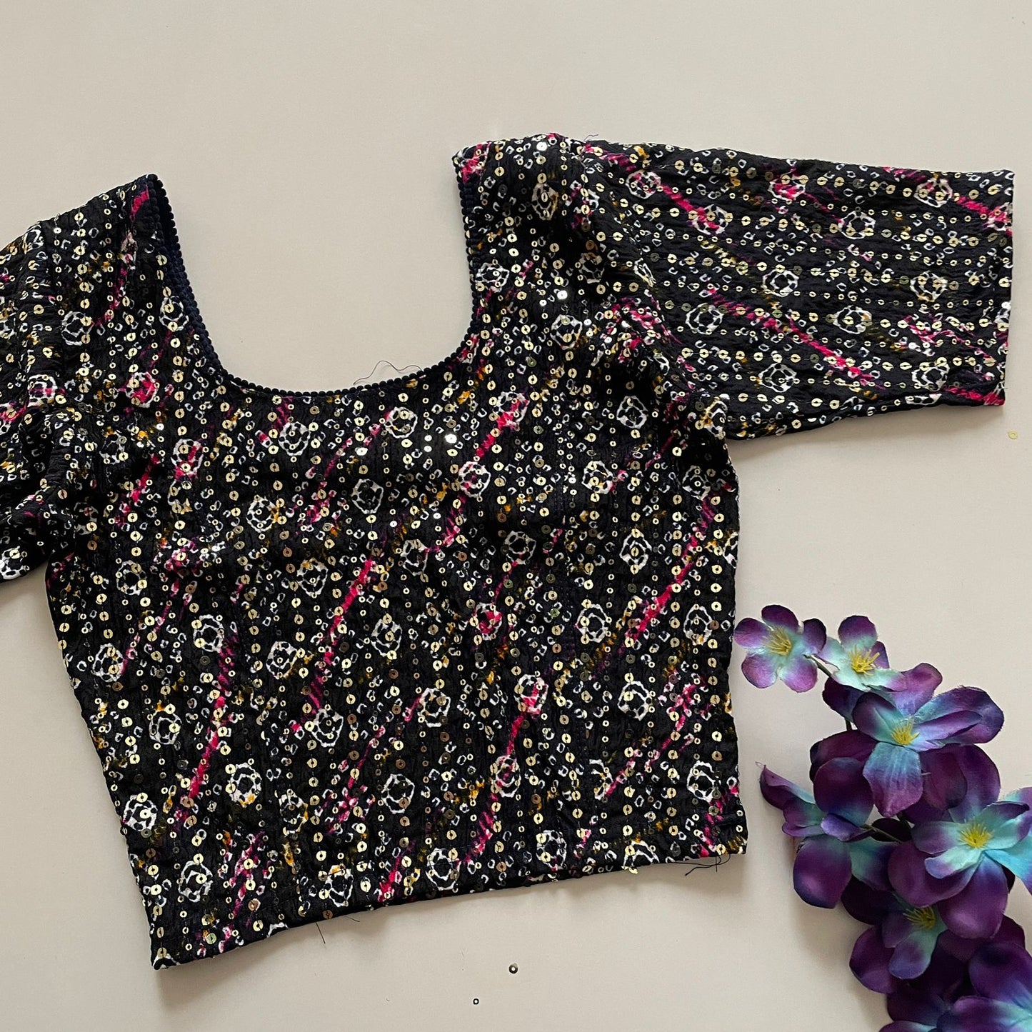 Stretchable crush with foil print ready made blouse