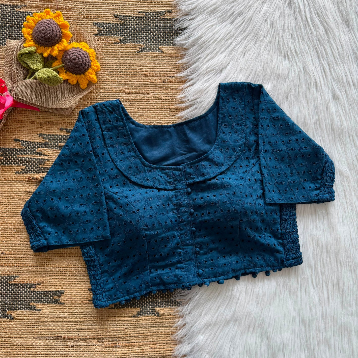Beautiful embroidery work with elastic attach for better fitting ready made blouse