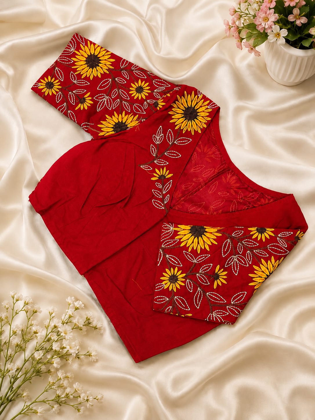 Cotton sunflower embroidery work ready made blouse