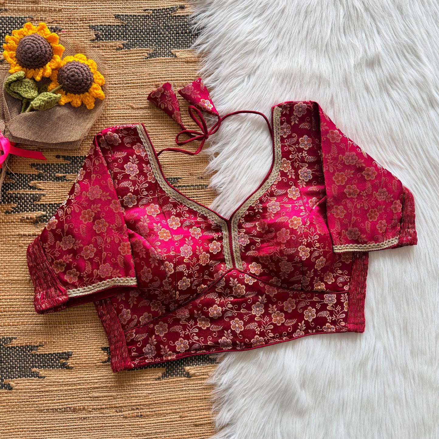 A beauty of weaving work all over with stretchable technology inside ready made blouse