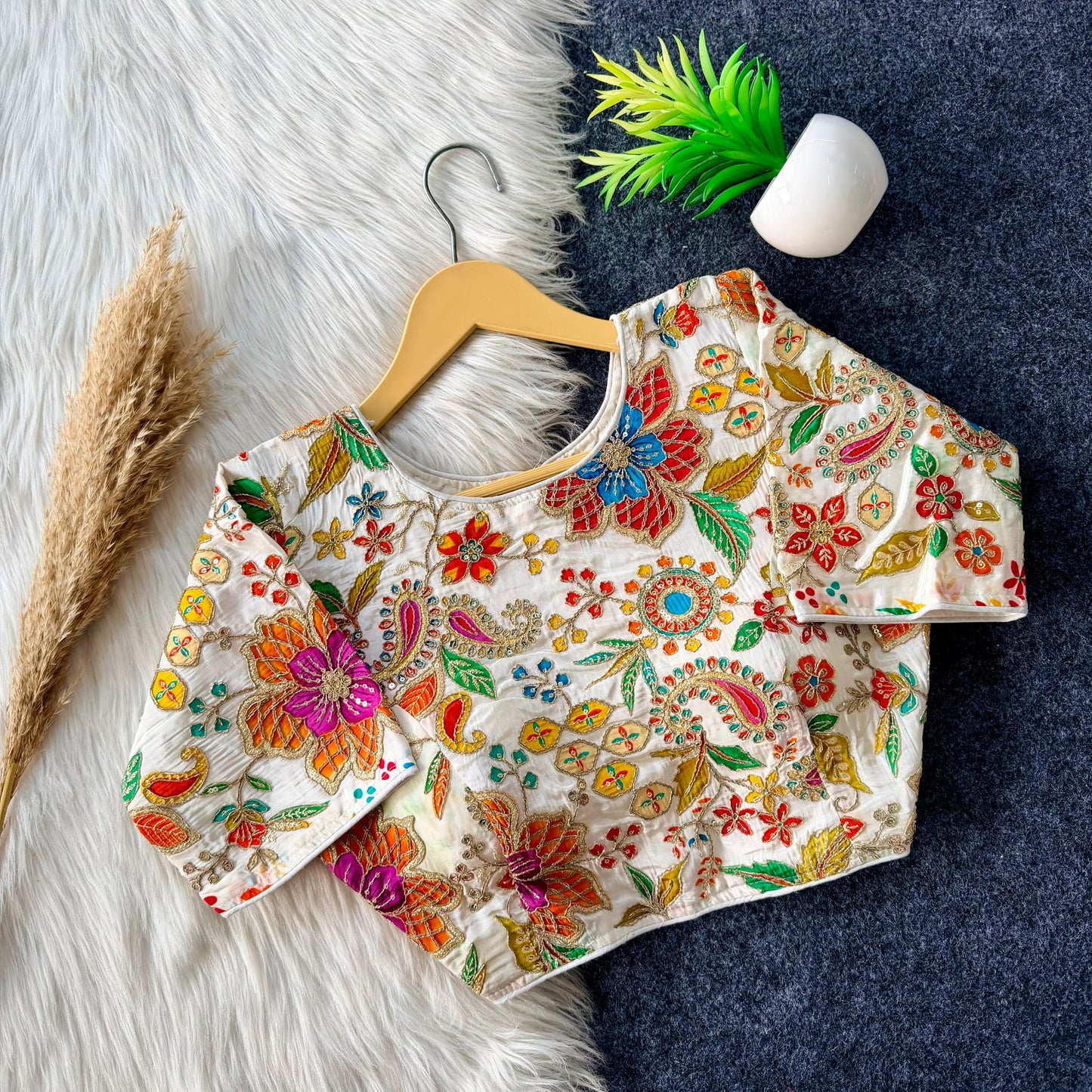Beautiful flower print print all over blouse with embroidery work all over ready made blouse