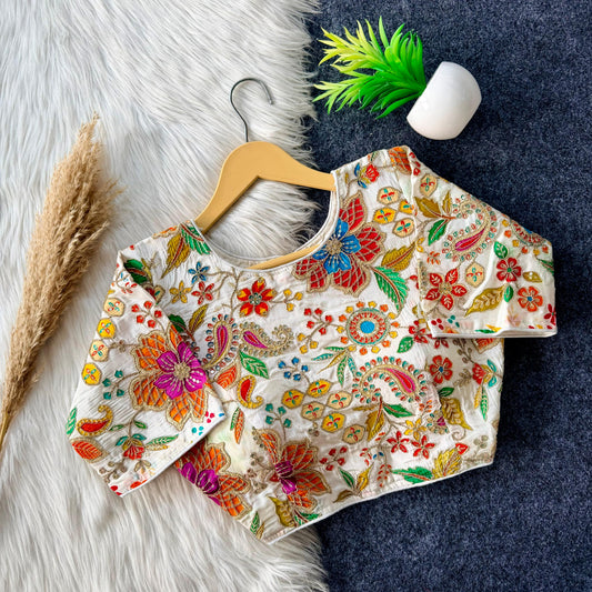 Beautiful flower print print all over blouse with embroidery work all over ready made blouse