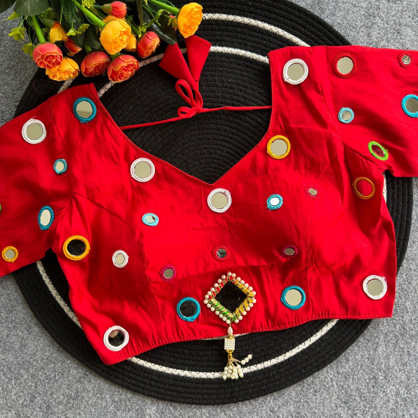 Pure Roman Silk mirror work ready made blouse
