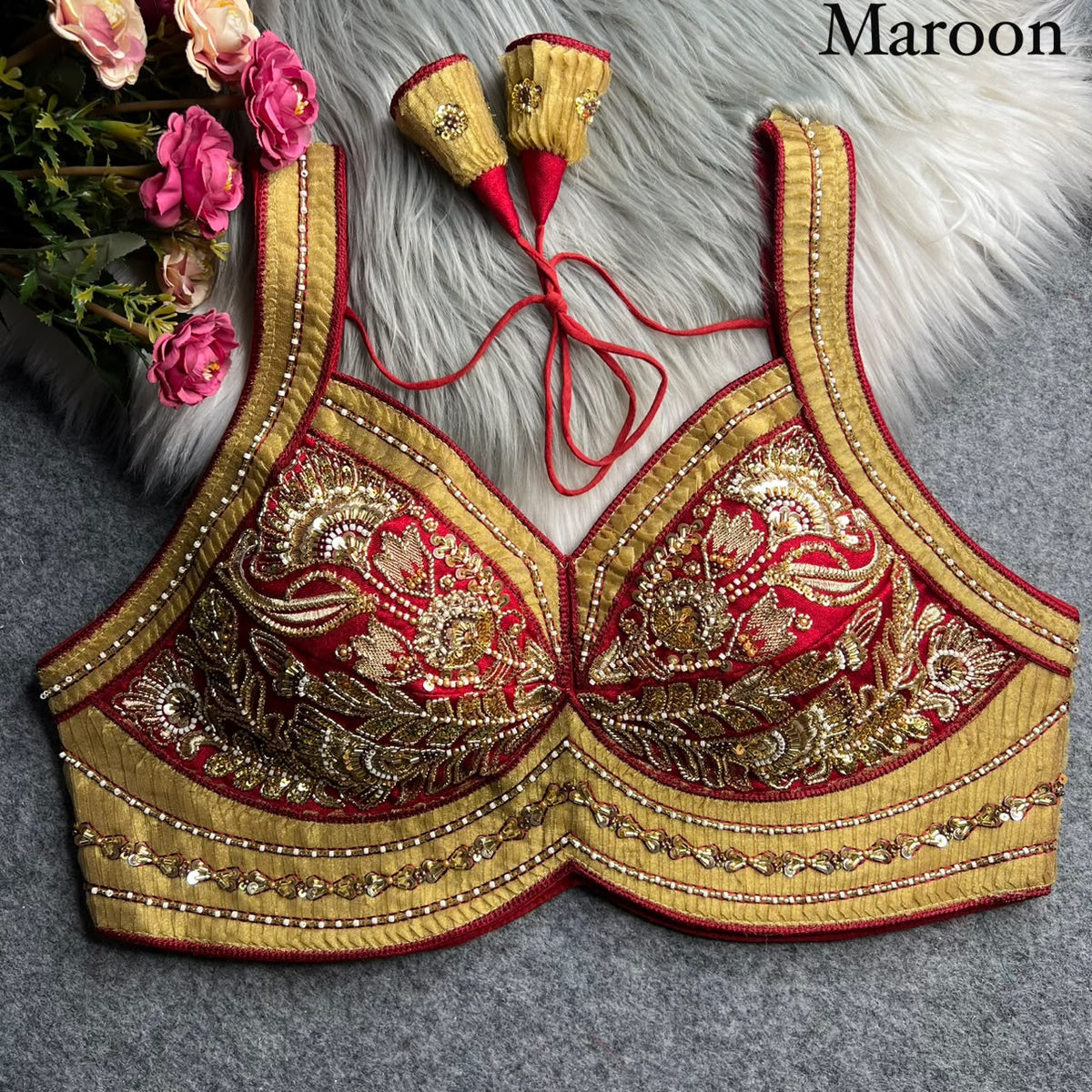 Pure ribbon & beads work ready made blouse