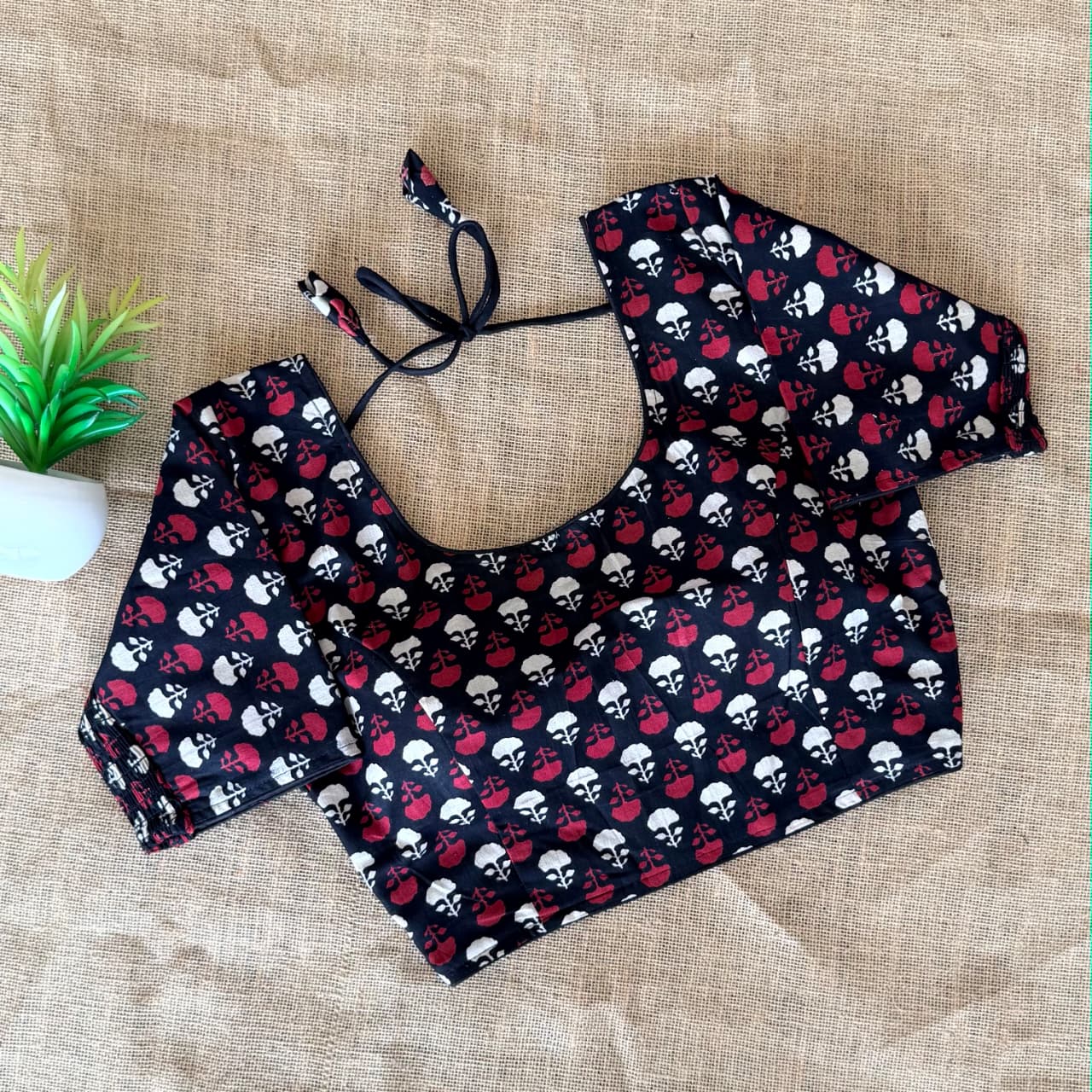 Beautiful hand block print with side elastic ready made blouse