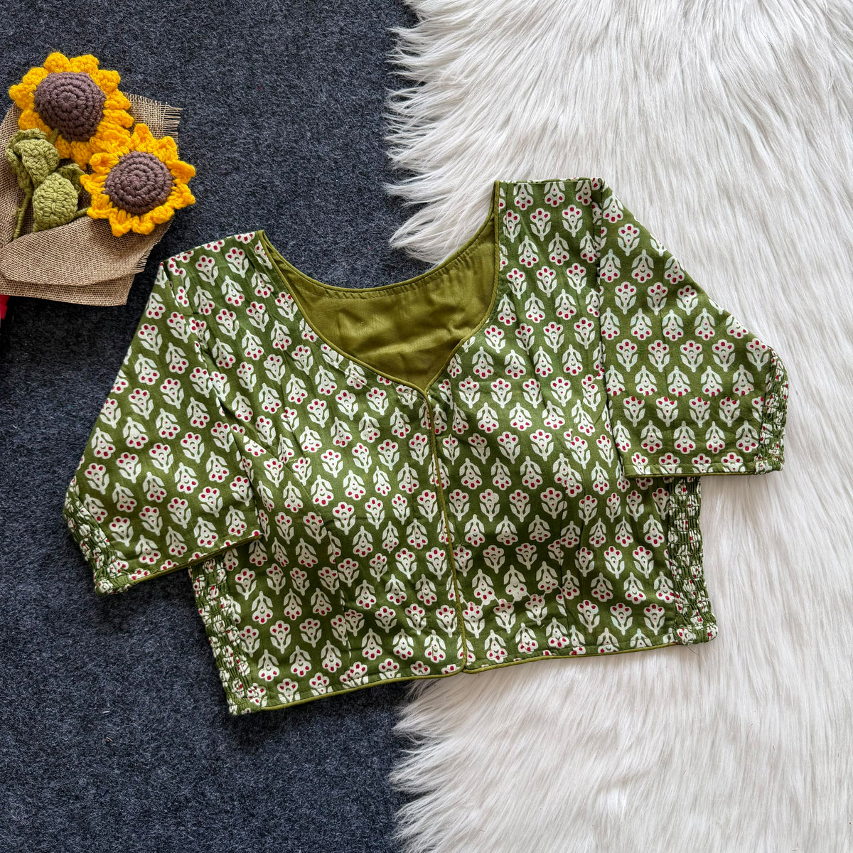 Beautiful hand block print with side elastic ready made blouse