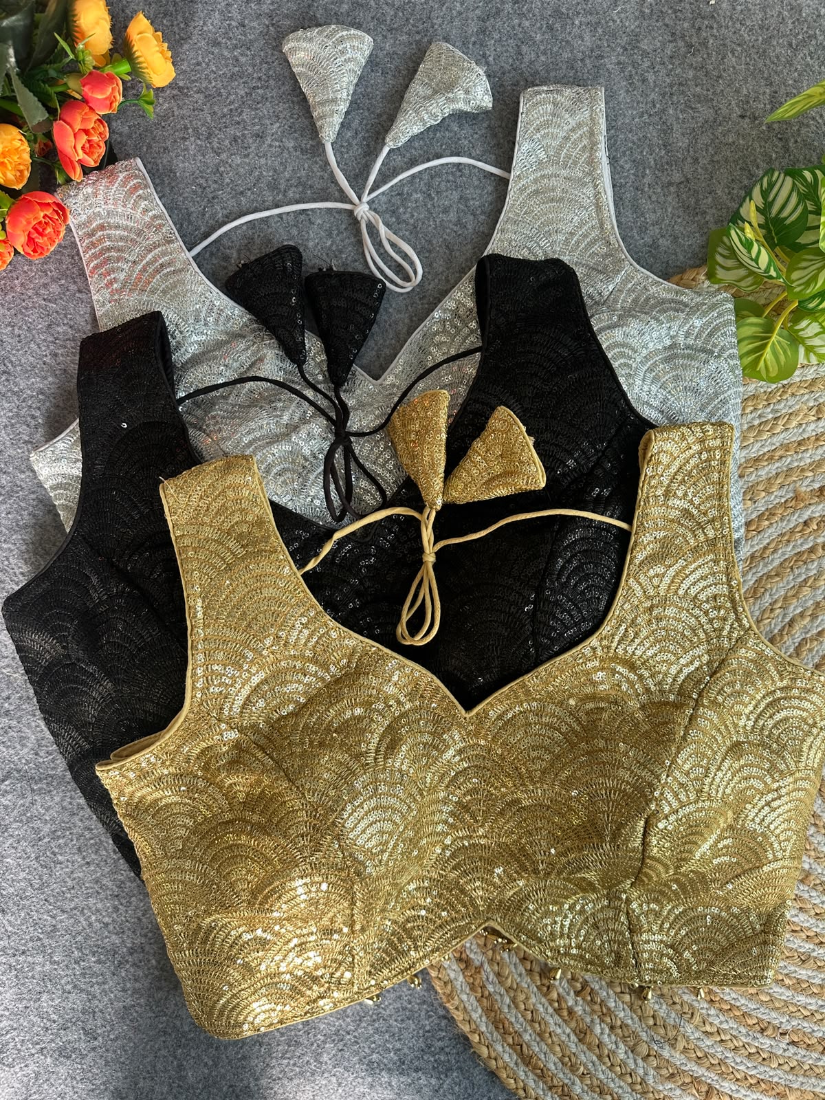 SPECIAL GOLD-BLACK-SILVER LINE WORK READY MADE BLOUSE