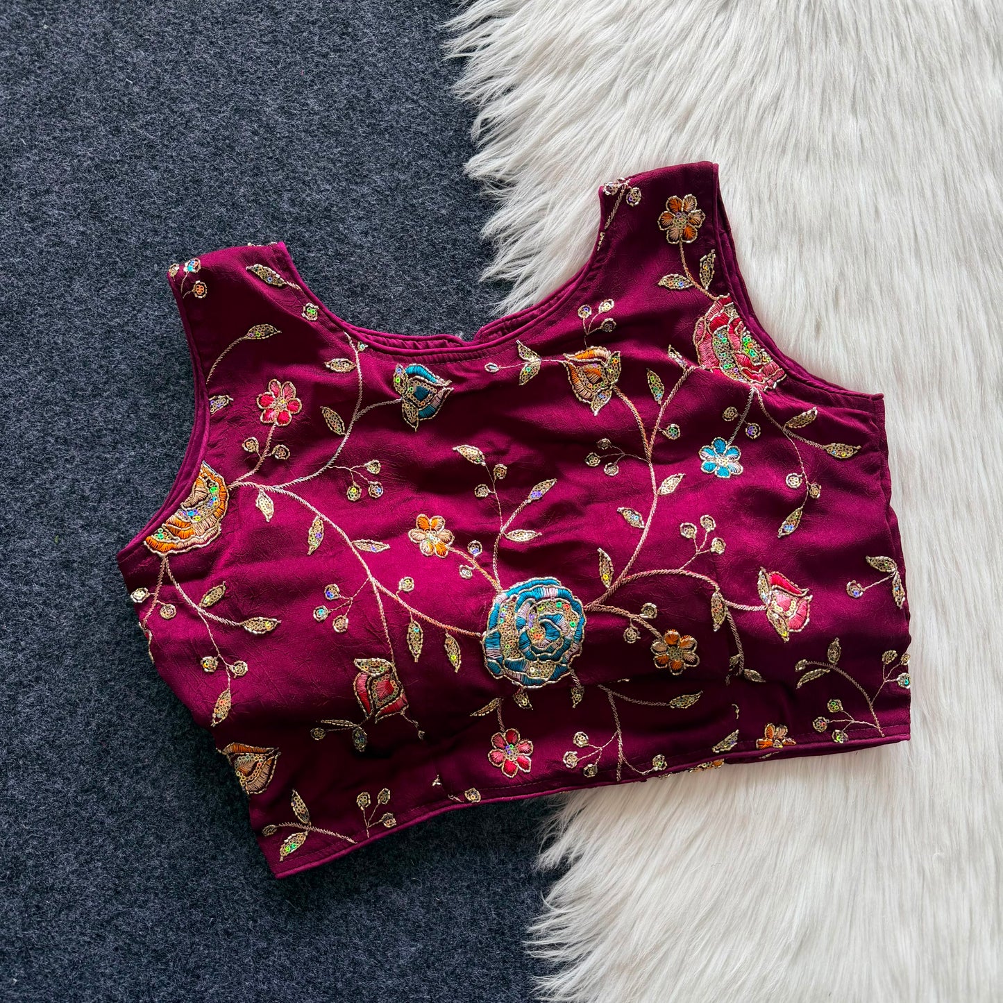 Beautiful embroidery work with elastic attach for better fitting ready made blouse