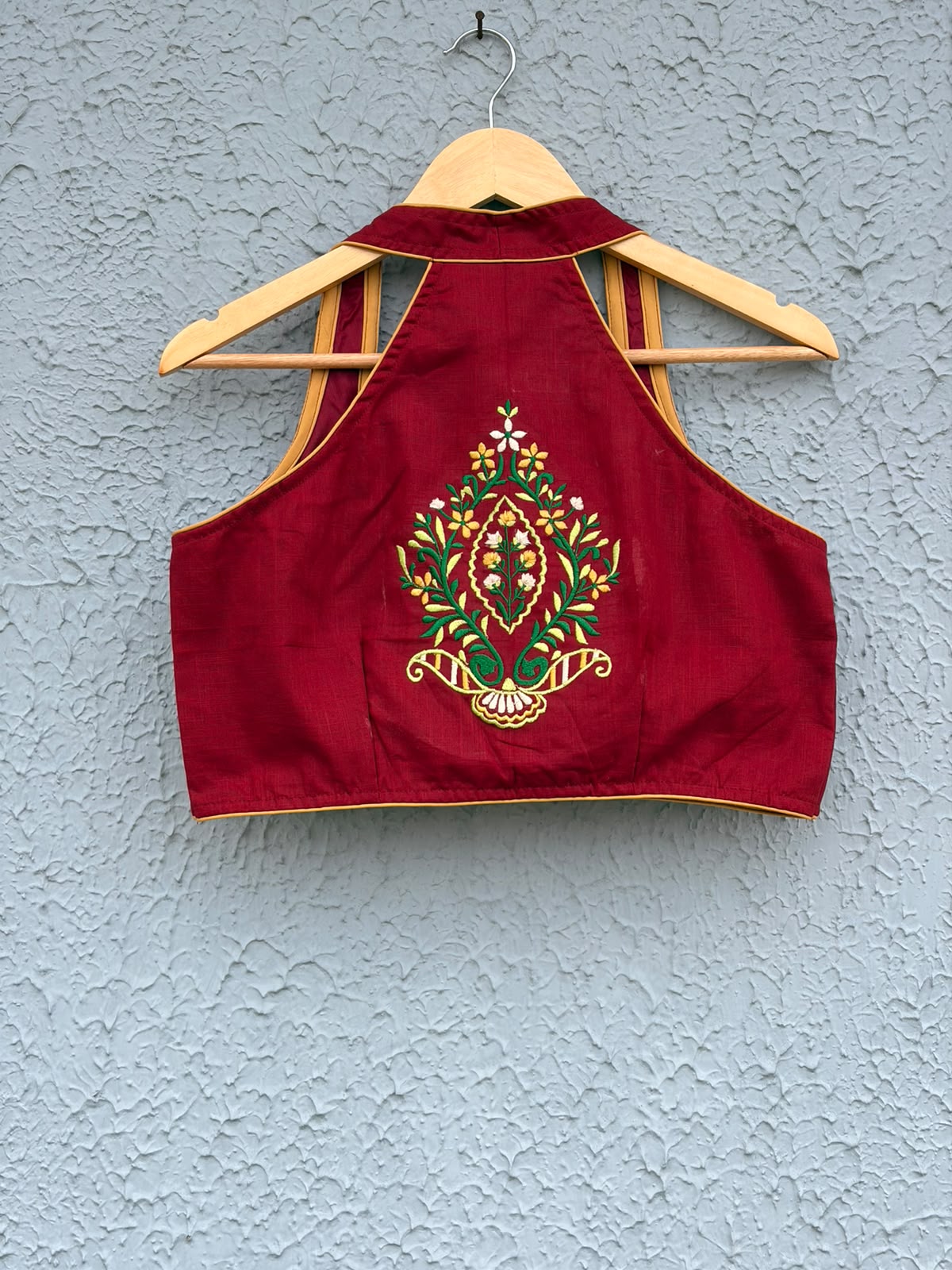 Maroon cotton embroidered Halterneck designer blouse