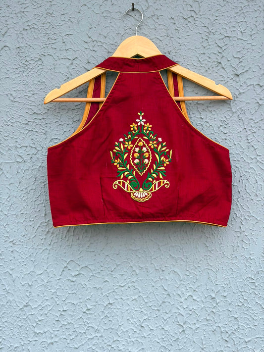 Maroon cotton embroidered Halterneck designer blouse