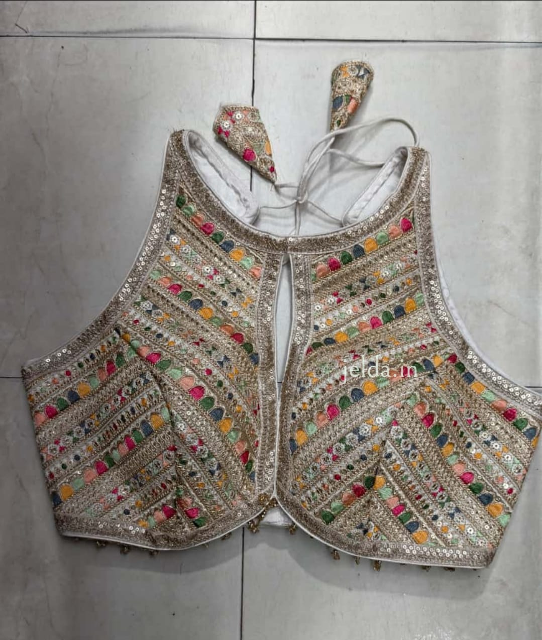 Heavy Embroidered Halter-Neck Lace Work Blouse with Front Keyhole