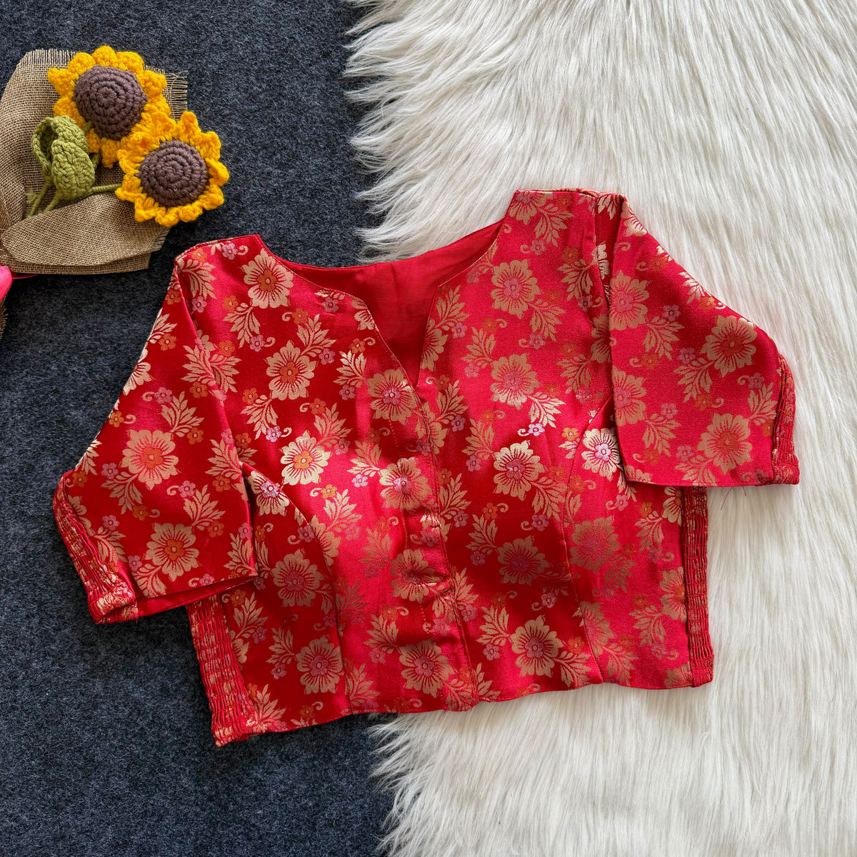 A beauty of weaving work all over with stretchable technology inside ready made blouse