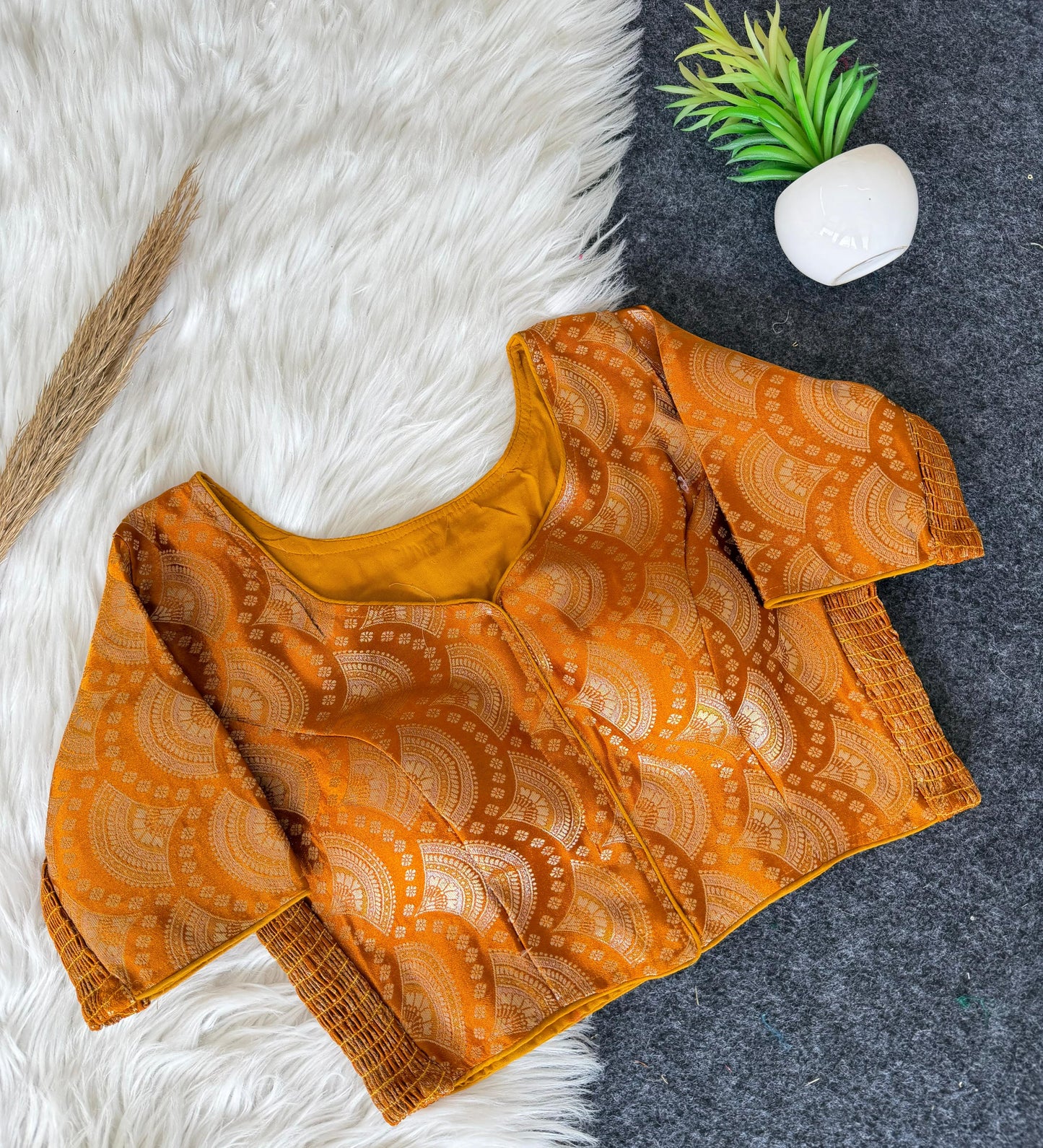A beauty of weaving work all over with stretchable technology inside ready made blouse