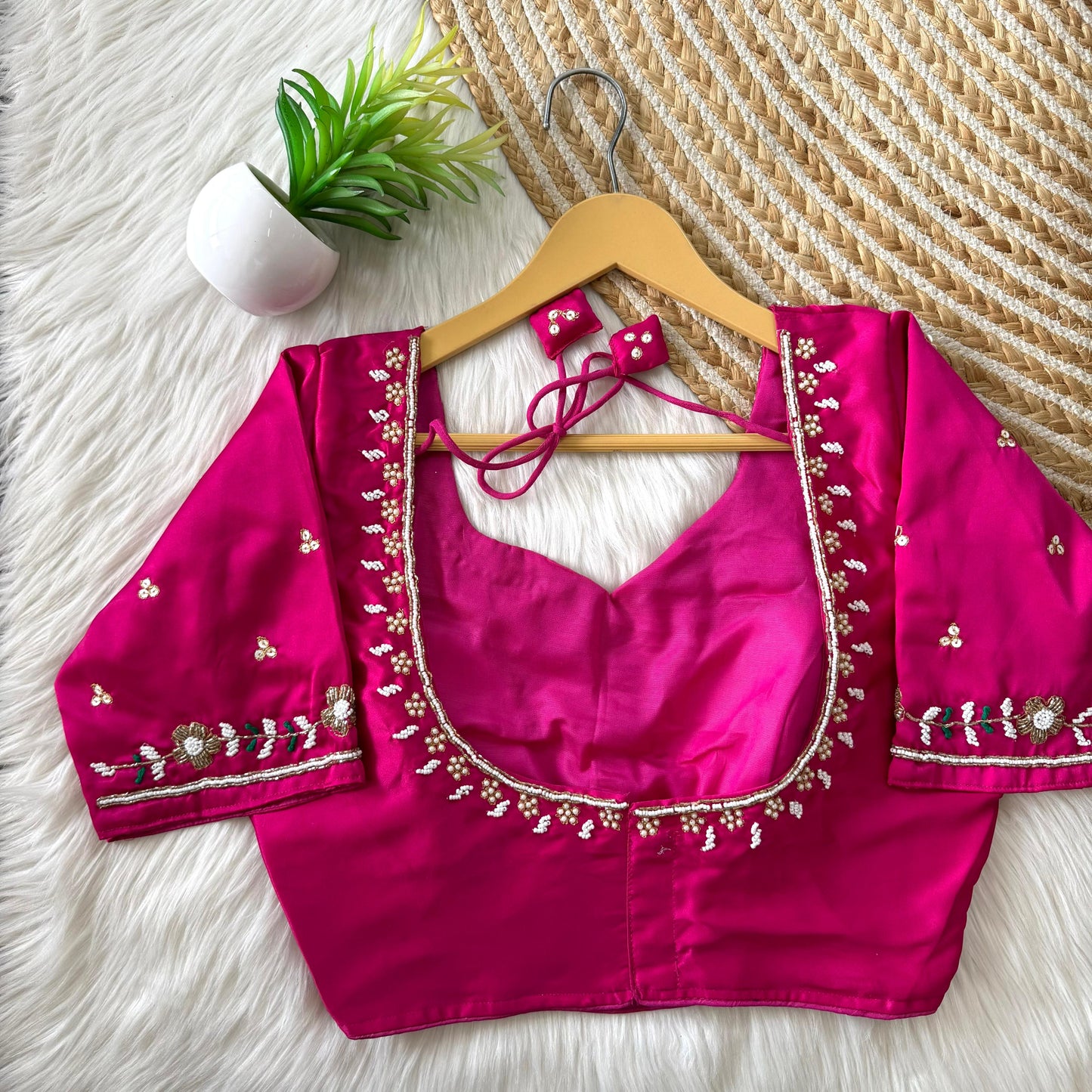 Beautiful handcrafted work in sleeves and back all over ready made blouse