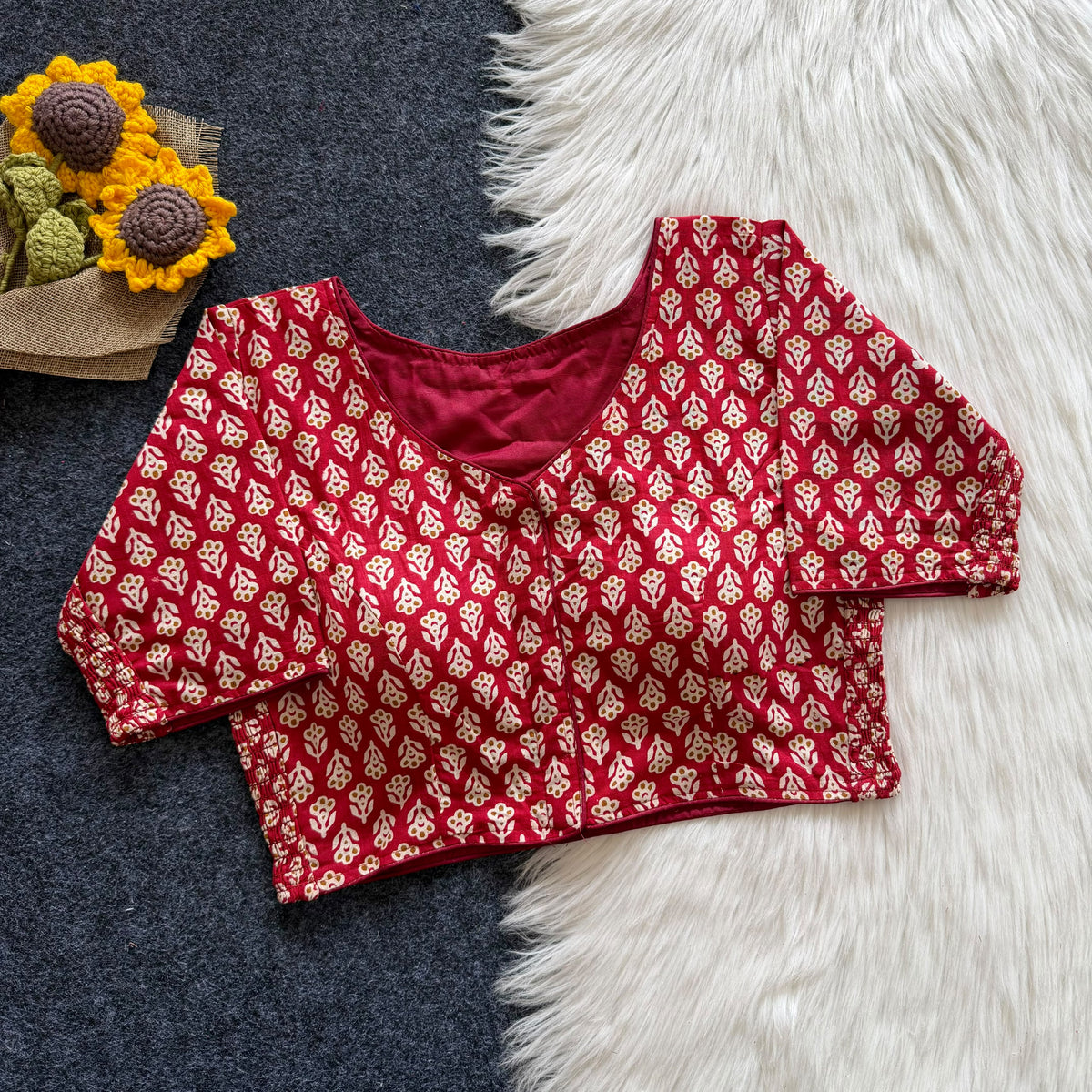 Beautiful hand block print with side elastic ready made blouse
