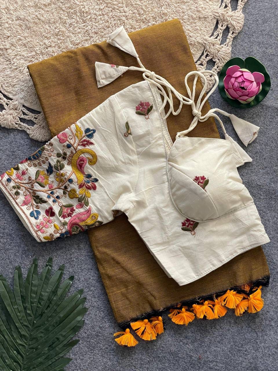 Cotton saree with heavy embroidery work ready made blouse