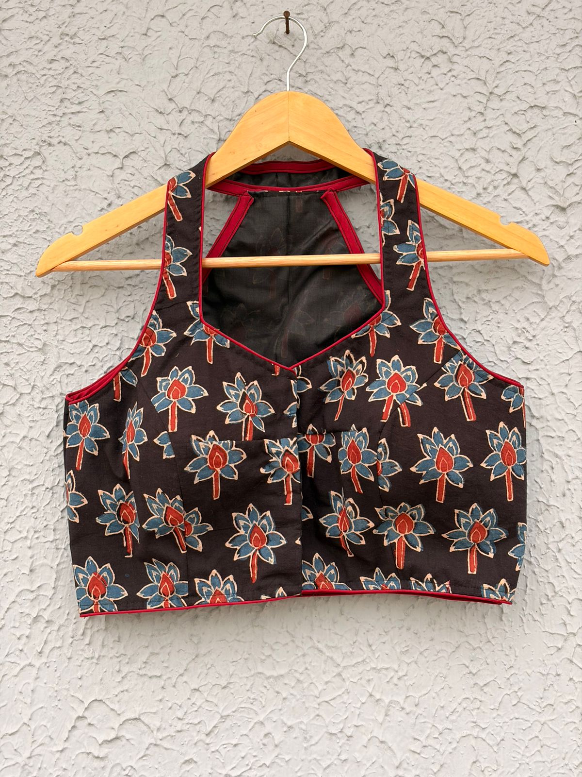 Pure handblock ajrakh halter neck designer blouse
