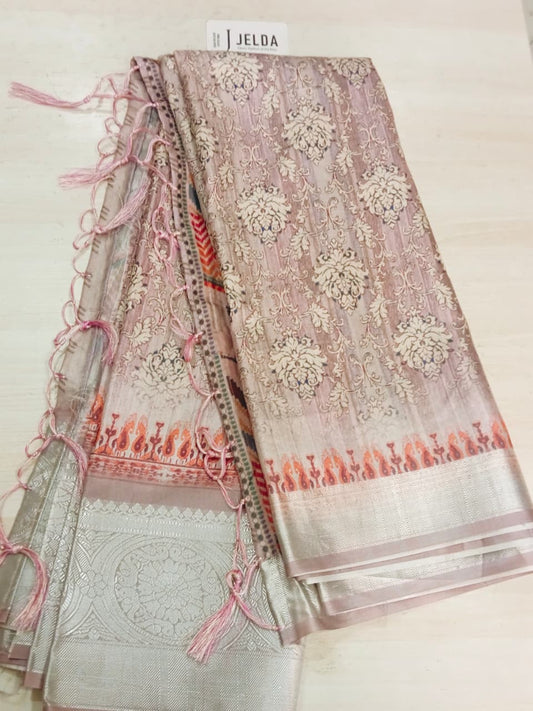 Printed work with silver border saree