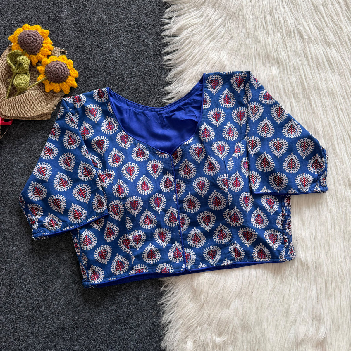 Beautiful hand block print with side elastic ready made blouse