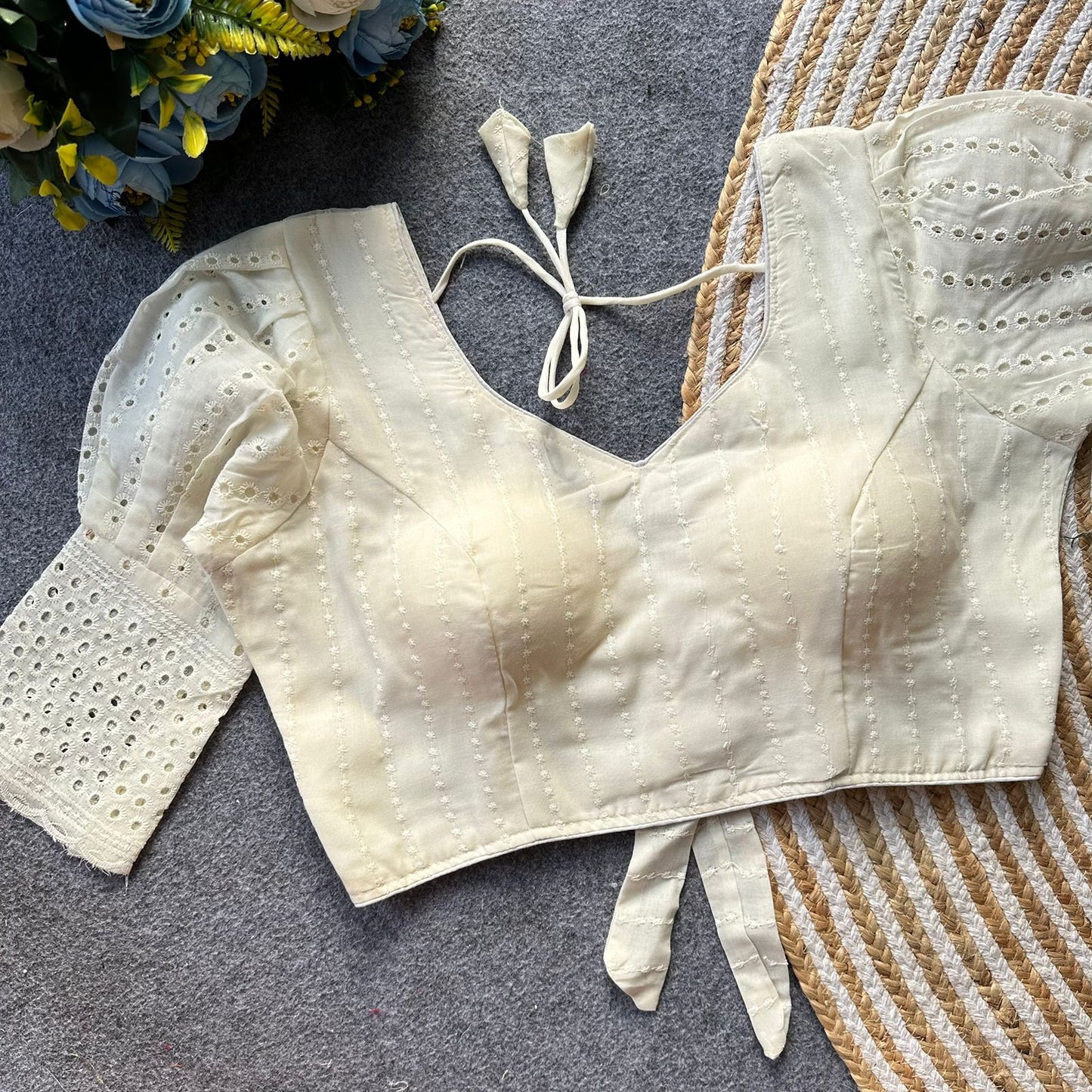 Pure hakoba cotton puff sleeve with bow ready made blouse