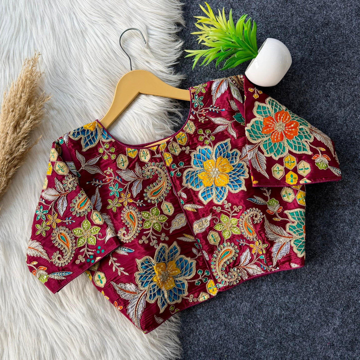 Beautiful flower print print all over blouse with embroidery work all over ready made blouse