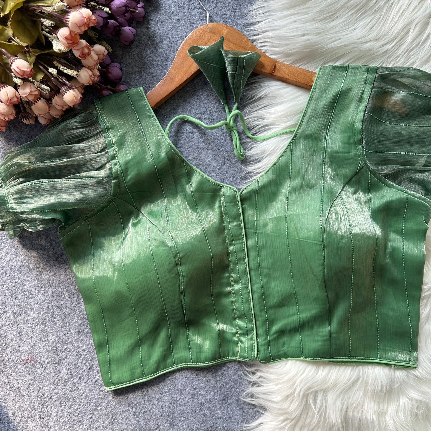 Two tone zimi chu slub shining material with sequins work ready made blouse