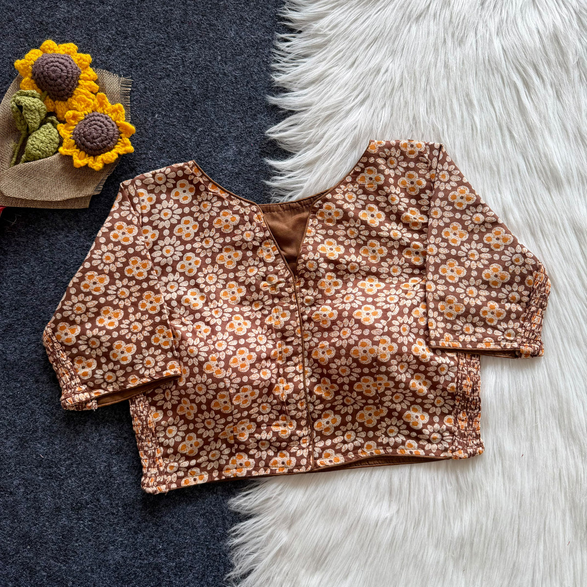 Beautiful hand block print with side elastic ready made blouse