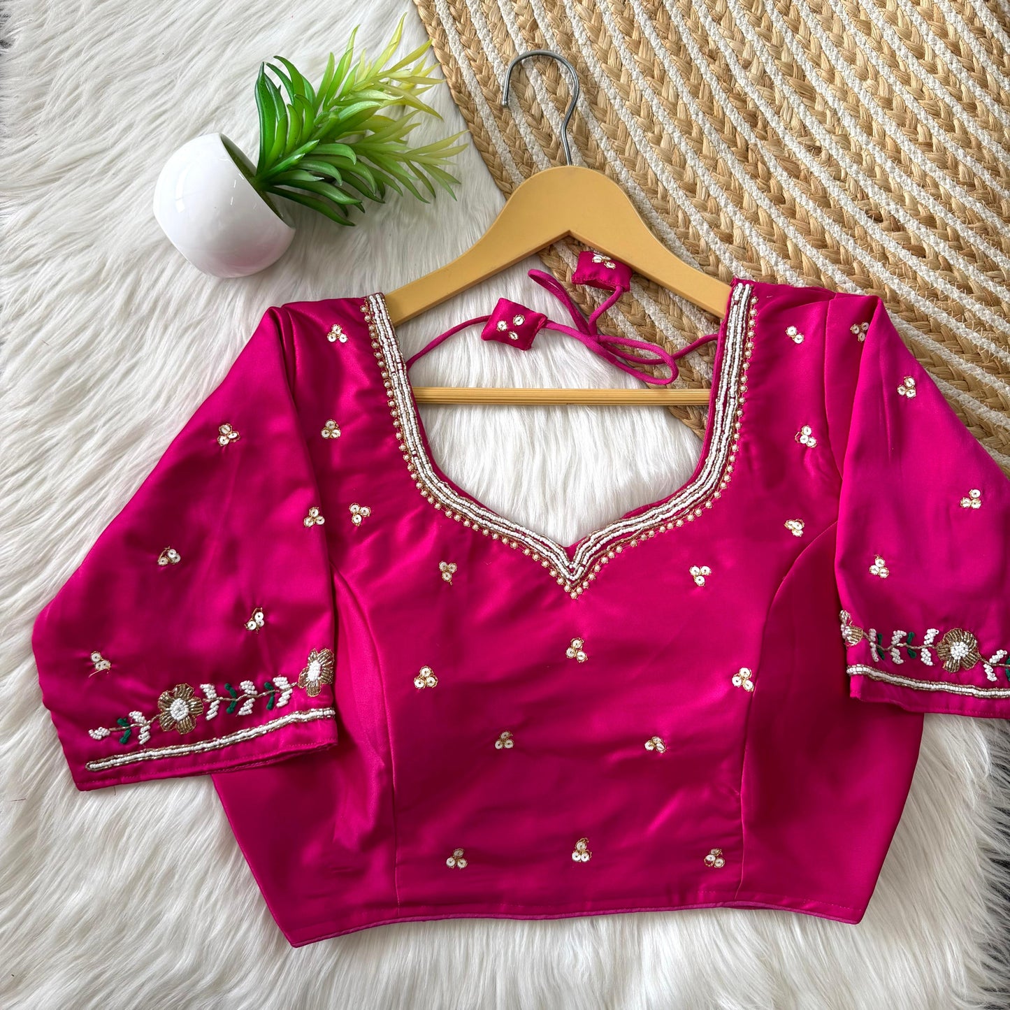 Beautiful handcrafted work in sleeves and back all over ready made blouse