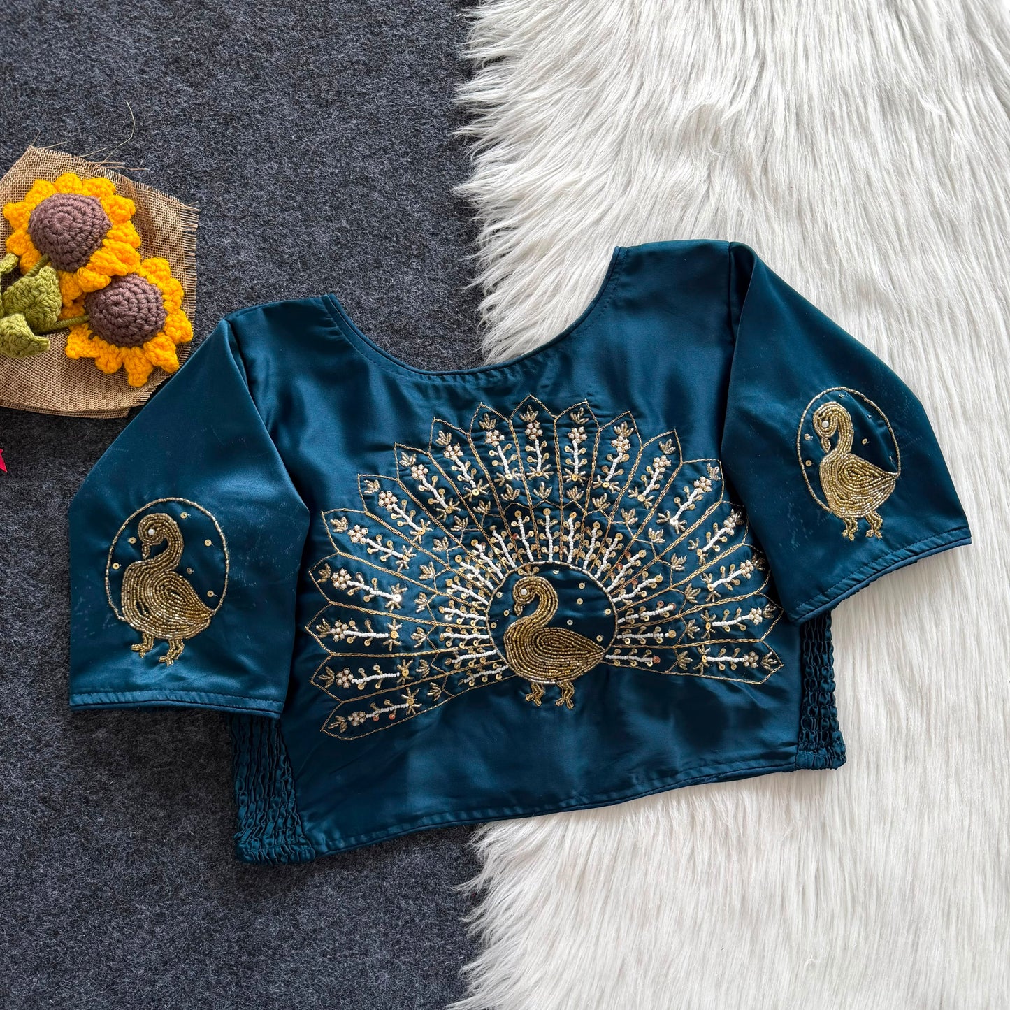 Beautiful zardosi with two tone kardana work all over with side elastic ready made blouse