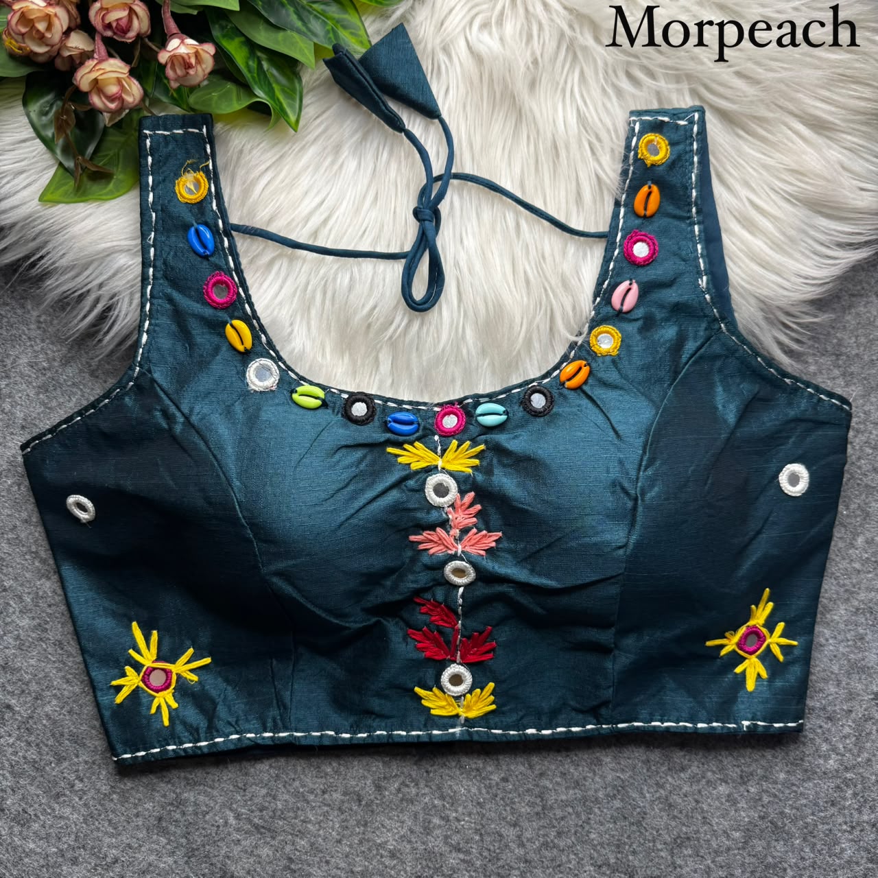 Multi Handwork Thread + Hand Mirror Work ready made blouse