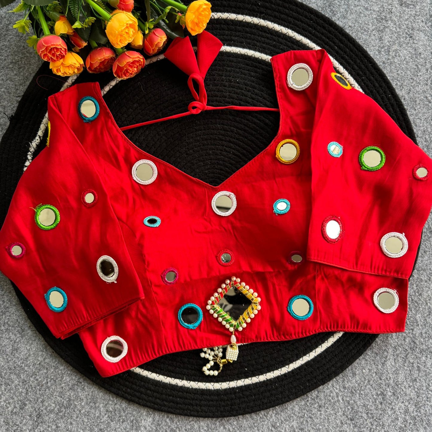 Pure Roman Silk mirror work ready made blouse