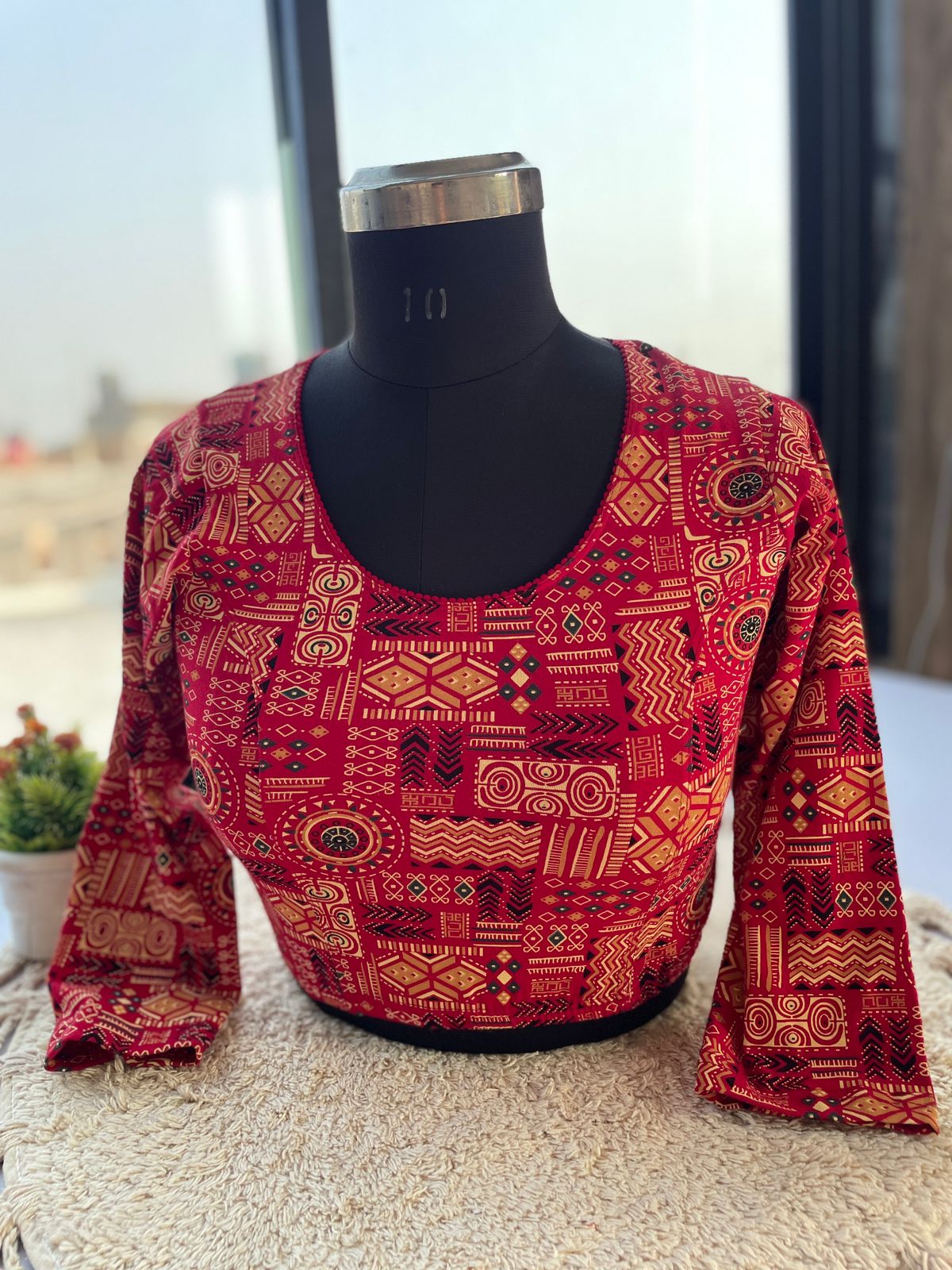 Stretchable ajrakh cotton print ready made blouse