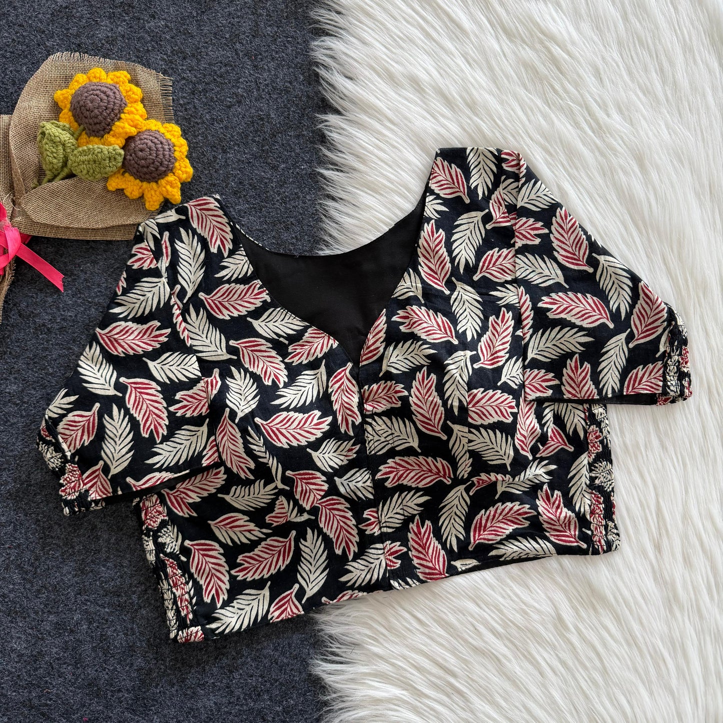 Beautiful hand block print with side elastic ready made blouse