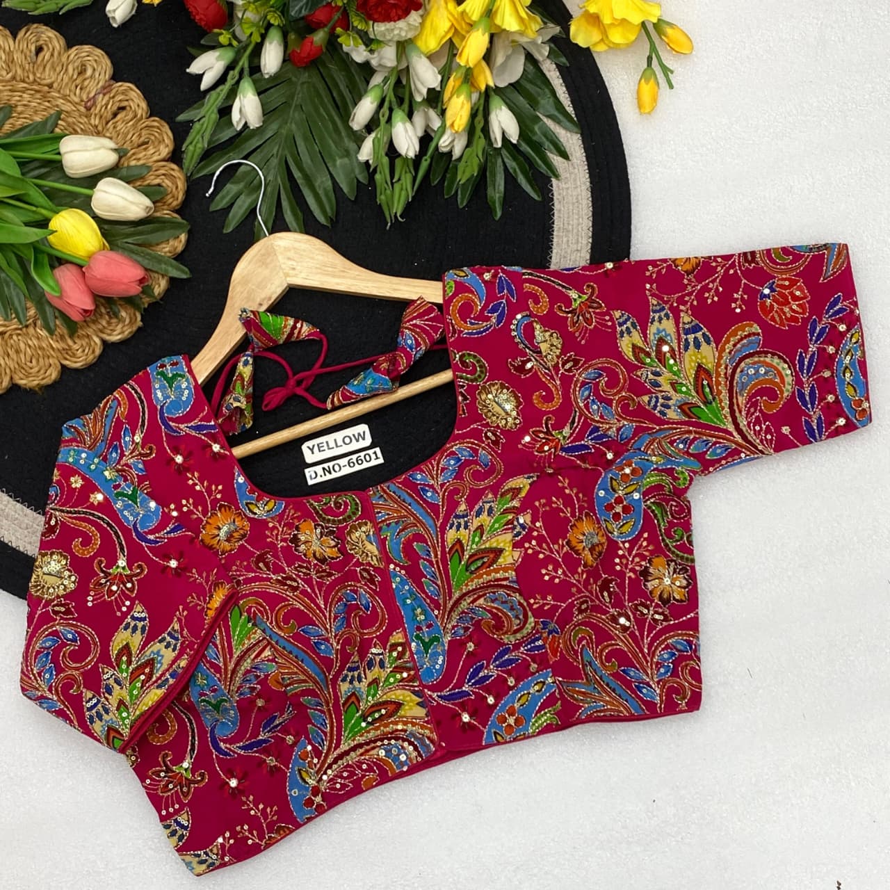 Viscose crep pojisan print embroidery ready made blouse