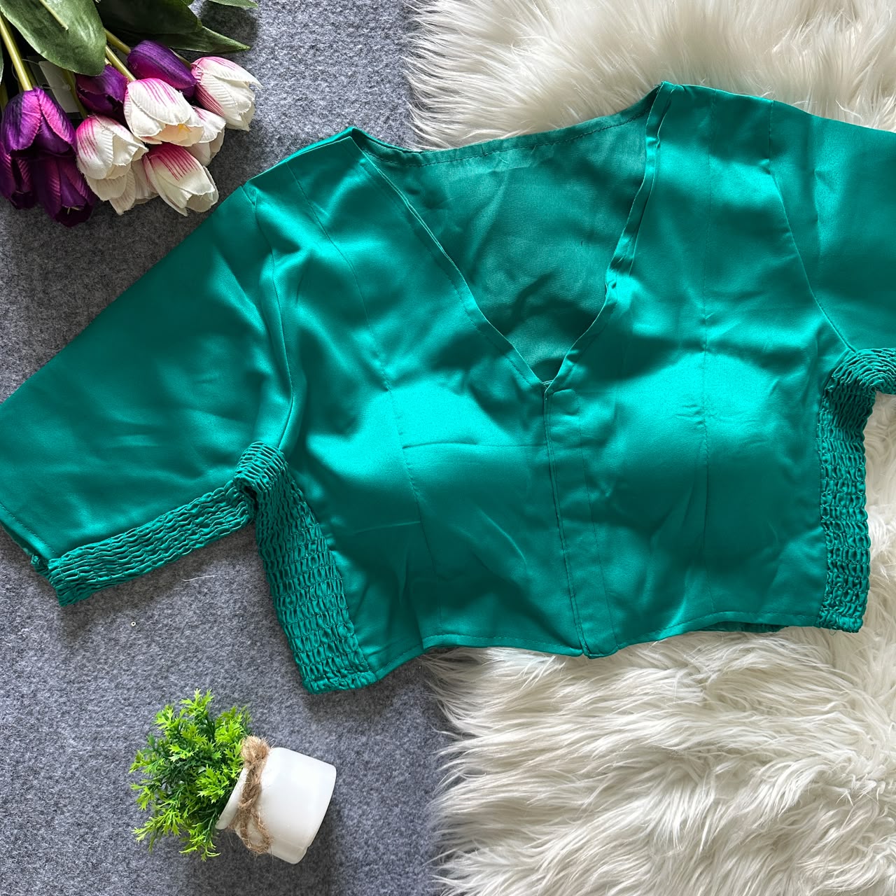 Soft silk fabric with elastic attach for better fitting ready made blouse