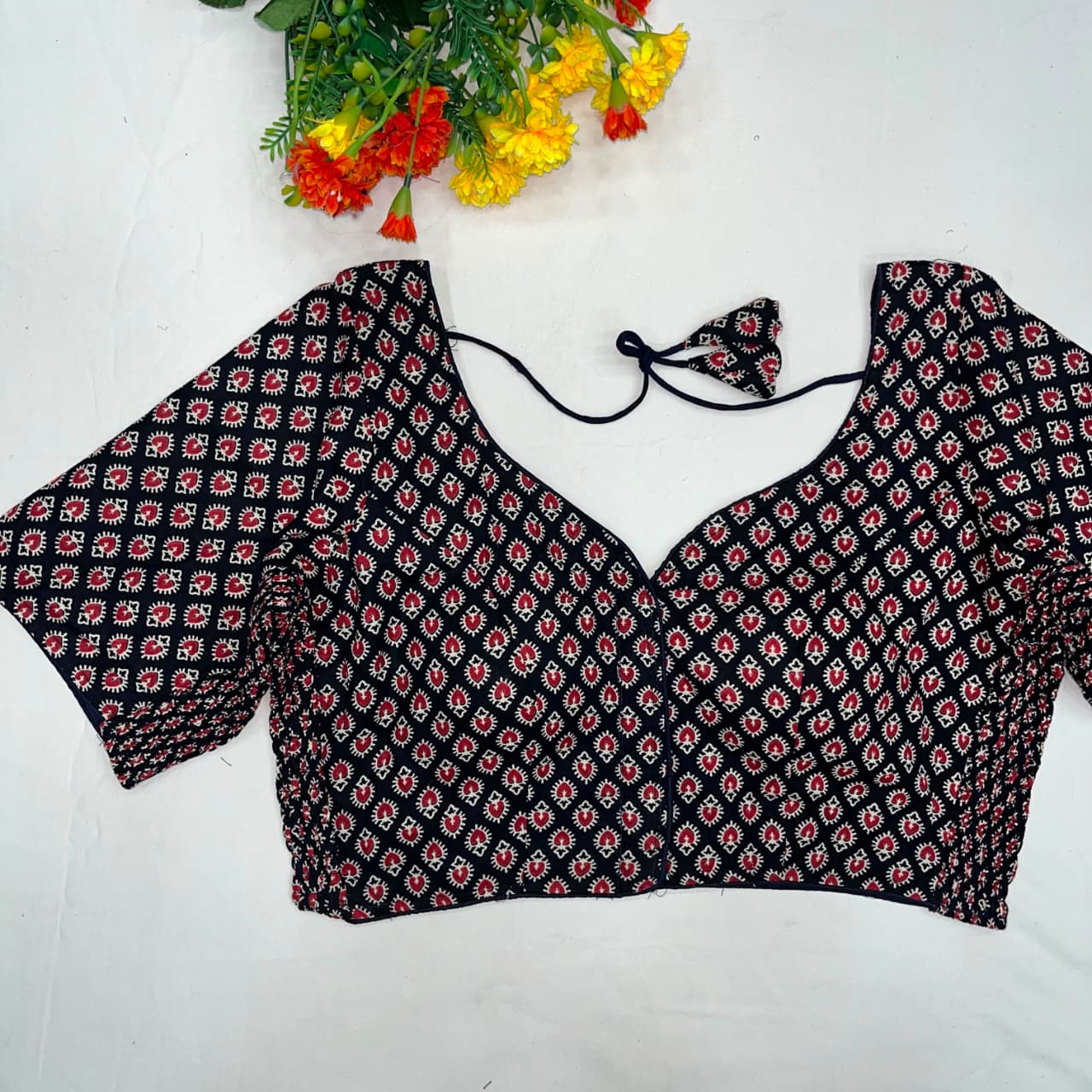 Trending ajarakh print cotton elastic pattern fancy ready made blouse
