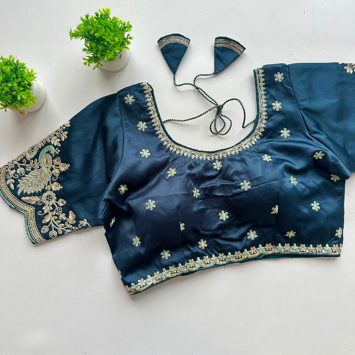 Heavy pure satin silk embroidery work ready made blouse